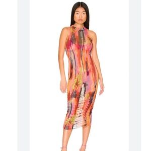 SNDYS Molly King Mesh Maxi Dress Multi Color Abstract Ruched Bodycon US 4
